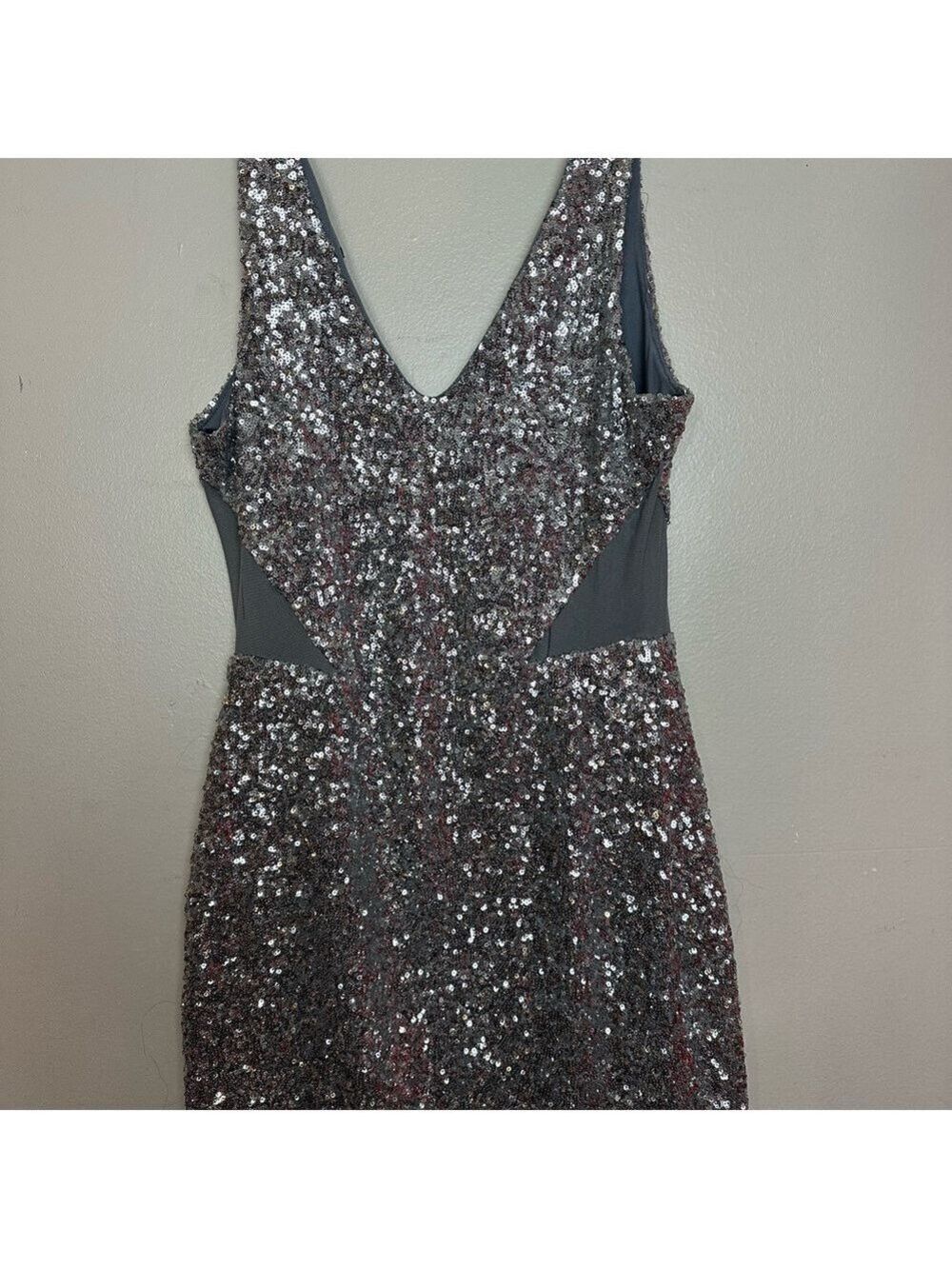Bebe Silver Sequin Bodycon Sleeveless Mini Dress with Mesh Cutouts - Picture 5 of 14